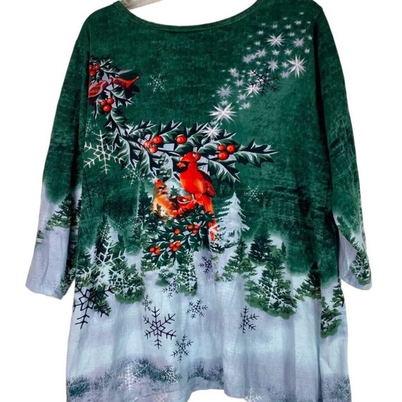 Collections Etc. XL 14 16 Top Tunic Shirt Cardinal Christmas Holiday Winter Snow - Picture 3 of 4